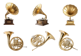 Collection of vintage gramophones and french horns