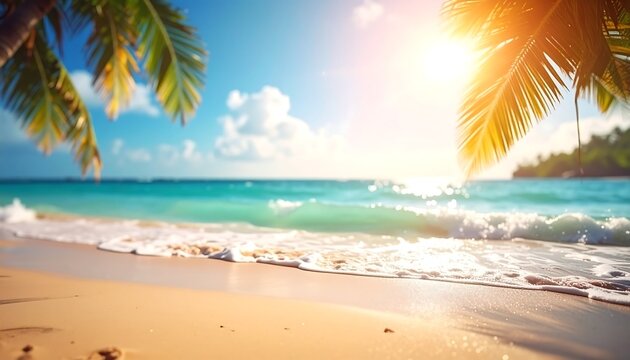 Sunny beach view with palm trees, blue water, and gentle waves hitting sandy shore under bright sun