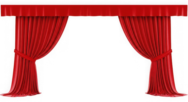Elegant red stage curtains parted to reveal a dark space isolated on transparent background