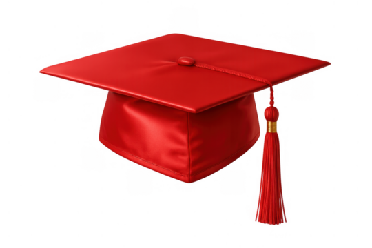 Red graduation cap and tassel, symbolizing academic success, completion, and higher education achievement