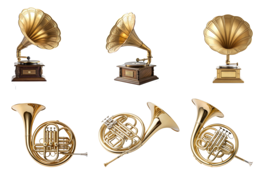 Collection of vintage gramophones and french horns