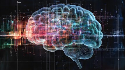 Digital brain illustration with glowing lines and network connections representing artificial intelligence and neural pathways for technology concepts