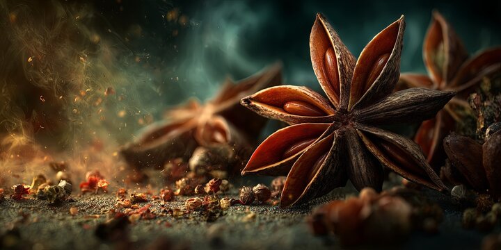 Whole star anise and cinnamon sticks rest on a dark, textured surface. The image highlights spice, warmth, and aromatic culinary richness.
