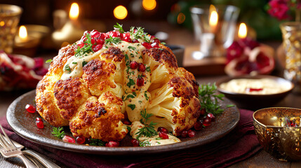 Whole roasted cauliflower served with tahini sauce and pomegranate seeds on a decorated Christmas table