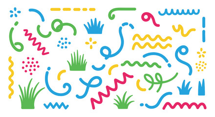 Fototapeta premium Abstract colorful doodle shapes and lines with grass elements on a white background
