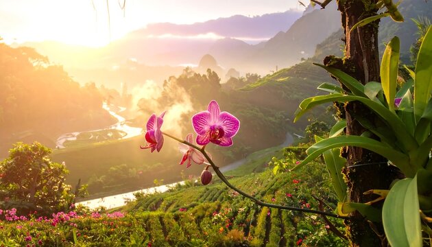 Scenic mountain valley view with a pink orchid in focus and sunlit mountains in the background during sunrise - Powered by Adobe