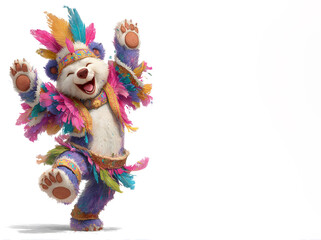 A joyful blue teddy bear mascot wears a vibrant feather headdress and skirt, happily dancing for a colorful Brazilian carnival celebration