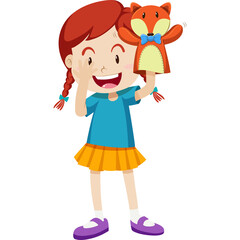 Smiling redhead girl with braided pigtails wears a turquoise shirt and orange skirt playing with a fox hand puppet with blue bow tie on white background