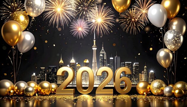 Spectacular New Year 2026 celebration with shiny gold and silver balloons, sparkling confetti, and illuminated marquee numbers "2026" set against a dazzling skyline and golden bursting fireworks.