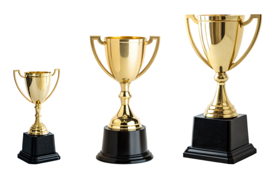 Three golden trophies, symbol of success and victory