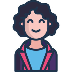 Smiling Woman With Curly Dark Hair Wearing A Blue Shirt And A Pink And Purple Jacket On Transparent Background