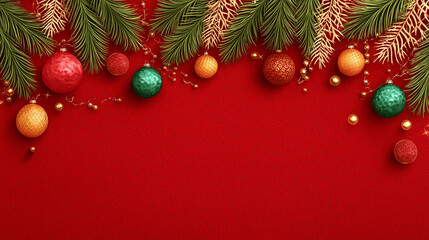 Festive Christmas ornament arrangement creates a vibrant, warm holiday atmosphere with lush fir branches and brilliant baubles against a rich red backdrop.