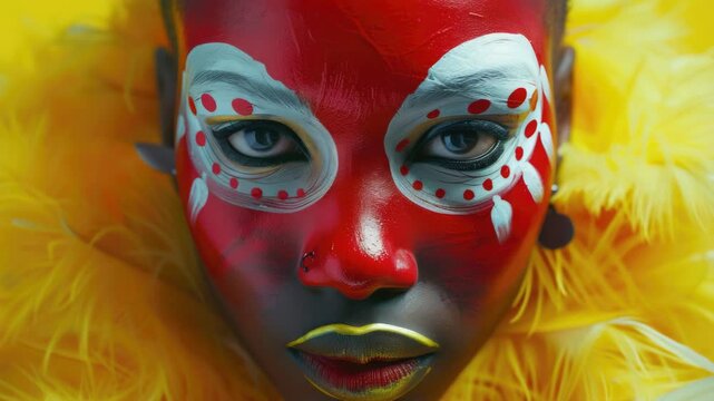 A woman with red face paint and yellow feathers. She has a gold lip color. She is wearing a gold feather headpiece