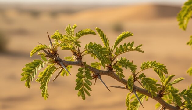 Acacia branch with sharp thorns and bright green leaves in Namib desert morning light, symbolizing endurance, contrast and survival in harsh nature
