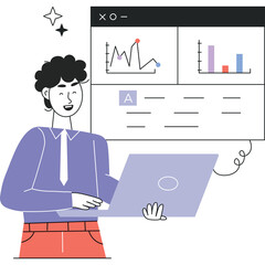 Smiling Man With Curly Hair Wearing Blue Shirt And Red Pants Holding Laptop With Charts And Graphs On Screen In Abstract Style