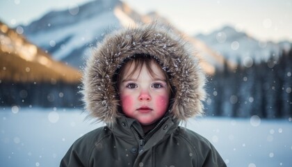 Young child bundled in a parka with fur hood standing in falling snow, symbolizing the innocence and wonder of winter in a peaceful mountain landscape