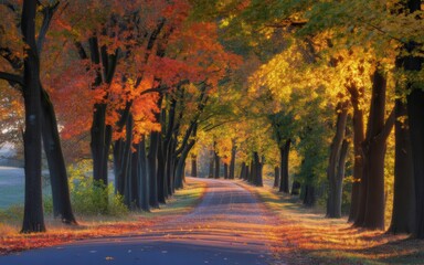 Vibrant autumn trees line a pathway with colorful fallen leaves creating a beautiful fall scene