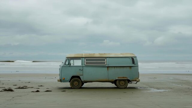 Old blue van parked on sandy beach with water in background