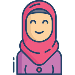 Smiling Muslim Woman Wearing a Pink Hijab and Purple Dress a Simple Digital Illustration Representing Modesty and Happiness on a Transparent Background