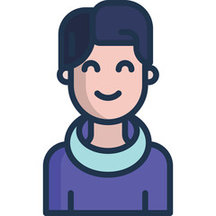 Smiling Person Icon with Short Dark Hair Wearing a Purple Top and Light Blue Collar Simple Flat Design Transparent Background