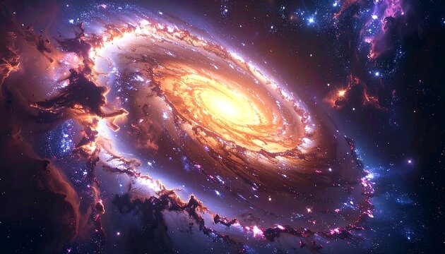 Spiral galaxy illustration with a bright center and swirling cosmic dust, deep blues, purples, golds, and oranges