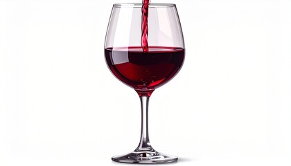 Stream of red wine pouring into upright clear glass against plain white background. Rich color and clarity highlight elegance, dining, and beverage presentation in minimalist visual style.