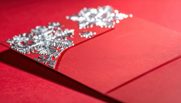 Luxurious red holiday card with metallic silver snowflakes and Happy Holidays text embossed, symbolizing elegance, warmth and joy of festive season and modern Christmas spirit
