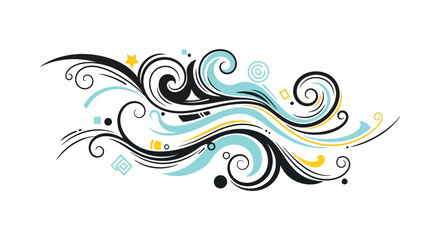 Abstract swirling lines and dots in blue black and yellow on white background