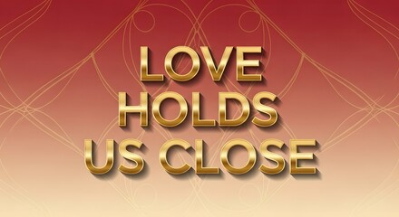 A romantic and elegant display of the phrase 'Love Holds Us Close' in bold, golden letters against a warm, gradient background with delicate swirling lines