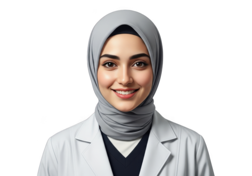 Young muslim woman doctor wearing hijab and lab coat isolated on transparent background