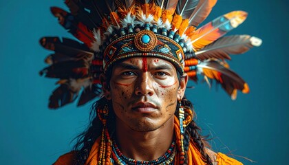 Fototapeta premium Portrait of indigenous man wearing feathered headdress and traditional beads representing native culture pride and ancestral heritage with blue background