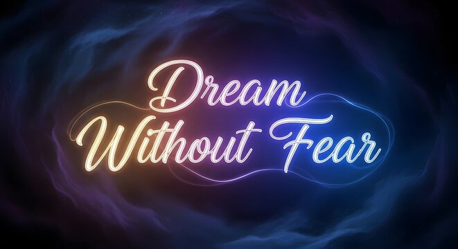 A vibrant neon sign displays the inspirational message 'Dream Without Fear' against a dark, smoky background, creating a motivational and artistic visual effect