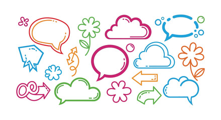Colorful hand drawn speech bubbles flowers arrows and abstract shapes on white background