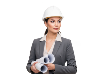 Professional woman engineer architect holding blueprints plans wearing hard hat and suit isolated on transparent background