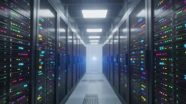 The long, clean hallway of the office building leads to the brightly lit network server room with racks of cables. A cinematic, slow-motion tracking shot inside a brightly lit, modern data center,