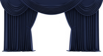 Elegant dark blue velvet theater curtains parted on a transparent background isolated on transparent background
