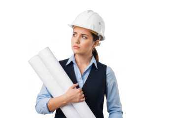 Professional female architect wearing a white hard hat holding rolled blueprints looking thoughtfully into the distance isolated on transparent background