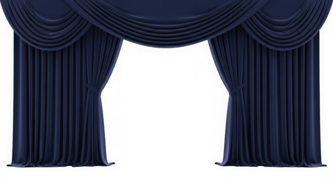 Elegant dark blue velvet theater curtains parted on a transparent background isolated on transparent background