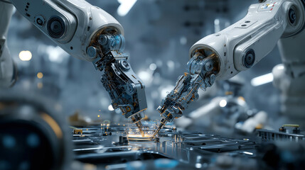 Close-up of robotic arms assembling components of atomic reactor, automation in nuclear technology