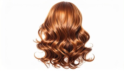 Voluminous reddish-brown wig with soft, glossy curls fanning outward. Styled in loose waves, the hairpiece evokes elegance and texture, ideal for fashion, costume, or hairstyling visuals.