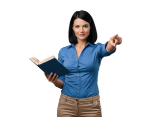 Focused woman holding an open book and pointing forward with determination isolated on transparent background
