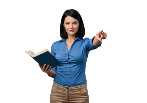 Focused woman holding an open book and pointing forward with determination isolated on transparent background