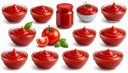 Grid-style arrangement of fresh tomatoes—some with stems—and bowls of thick, rich tomato sauce. Scattered basil leaves evoke culinary transformation from raw produce to flavorful preparation.