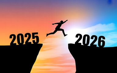 Happy new year 2026,Silhouette Man jumping from 2025 cliff to 2026 cliff on colorful sky background