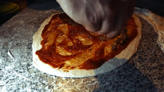 Slow motion low angle view around home cook hand adding minced meat topping over a raw pizza base with tomato sauce in closeup. Applying ingredients on fresh homemade dough on dimly lit kitchen table