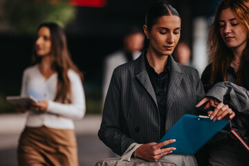 A group of young professionals, including two women in pinstripe business attire, reviews a blue clipboard while a colleague holds a tablet nearby. They appear focused in a modern outdoor setting.