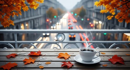 Autumn leaves near a park fountain with a hot cup of coffee on a white table