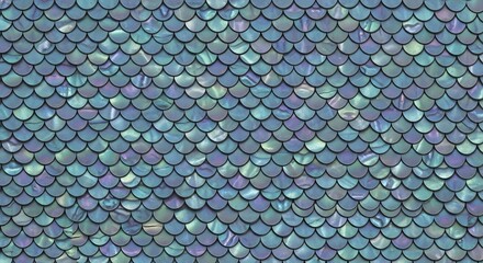 Close-up of iridescent, overlapping fish scale pattern with shimmering pastel colors creating a textured surface for artistic and decorative purposes