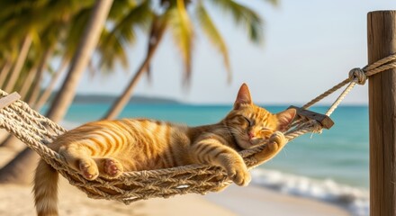 Orange tabby cat lounging in a hammock on a tropical beach, surrounded by palm trees and ocean waves, embodying relaxation and carefree summer vibes