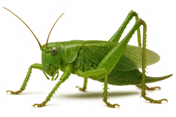 Green grasshopper insect standing, detailed macro view of tettigoniidae katydid on transparent background